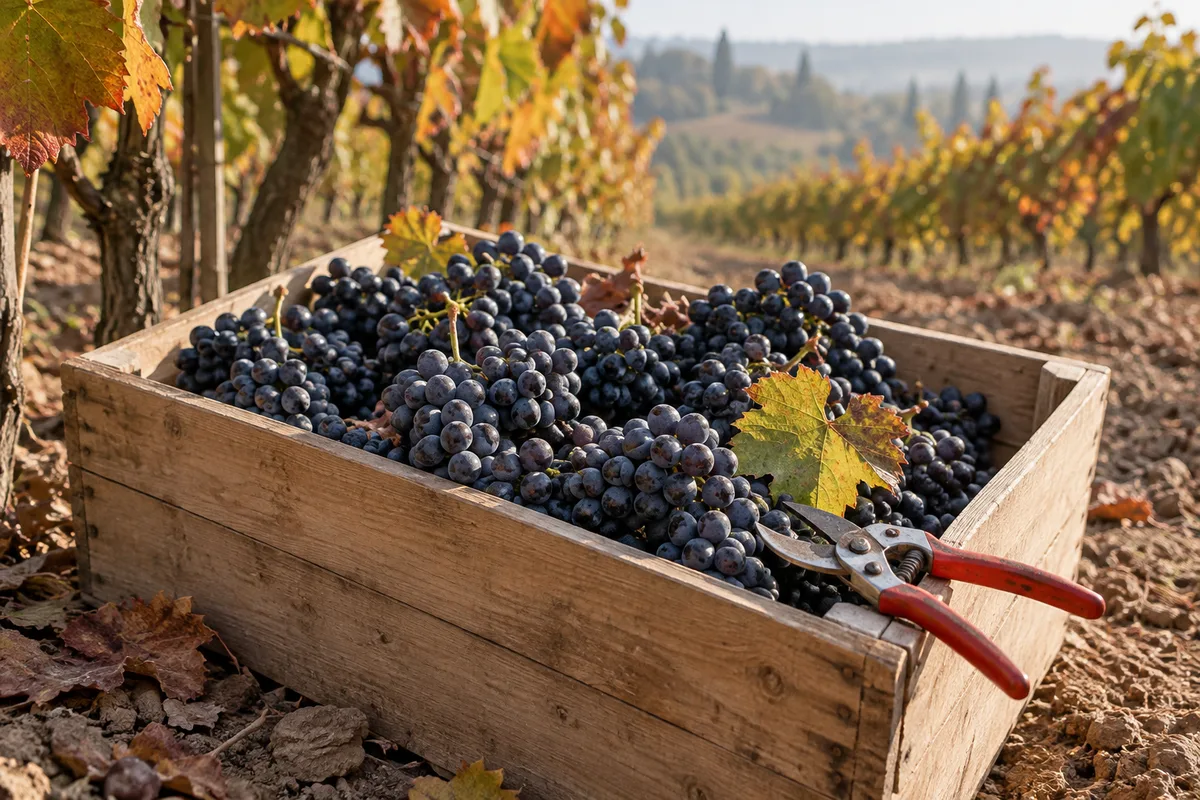 Grappes de raisin noir entières empilées dans une caisse de vendange en bois posée entre deux rangs de vigne