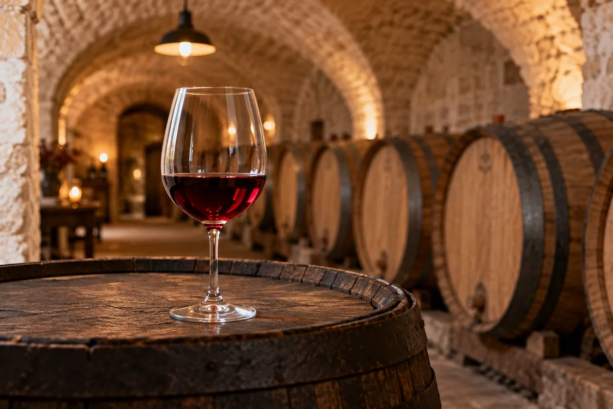 Verre de vin rouge léger et lumineux posé sur un tonneau en bois dans une cave voûtée en pierre éclairée par une lampe chaude
