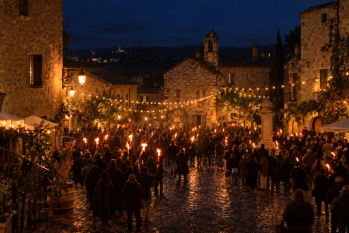 Place de village vue de loin la nuit, silhouettes de dos sous des guirlandes lumineuses et des torches allumées
