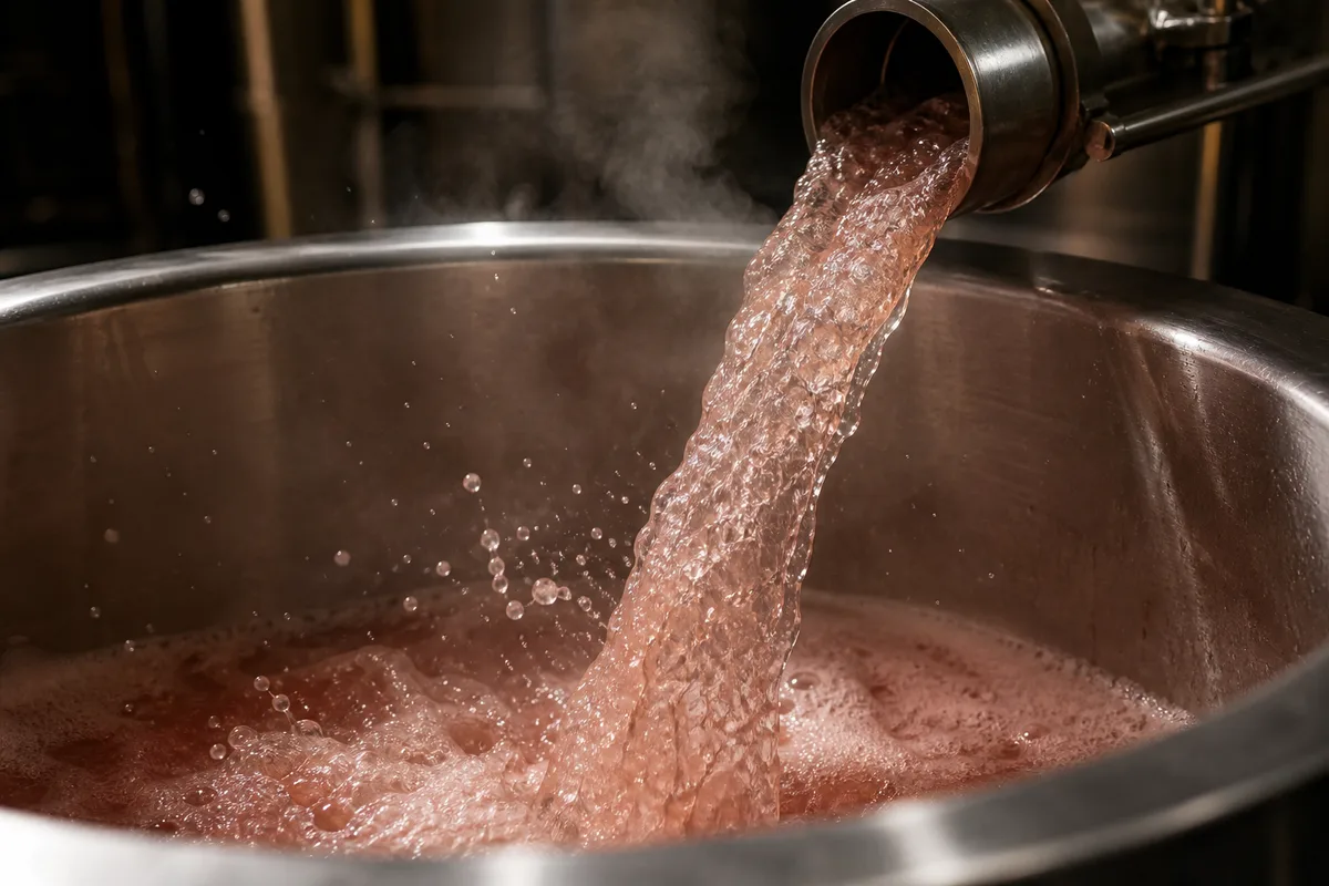 Jus de raisin rosé pâle s’écoulant dans une cuve ouverte, en cave