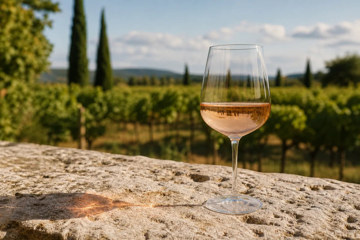 Verre de vin rosé pâle posé sur une table en pierre au soleil, vignes floues au fond