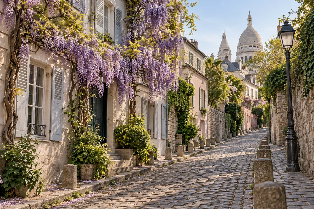 Rue pavée en pente bordée de façades crème aux volets ouverts et d’une glycine en fleurs