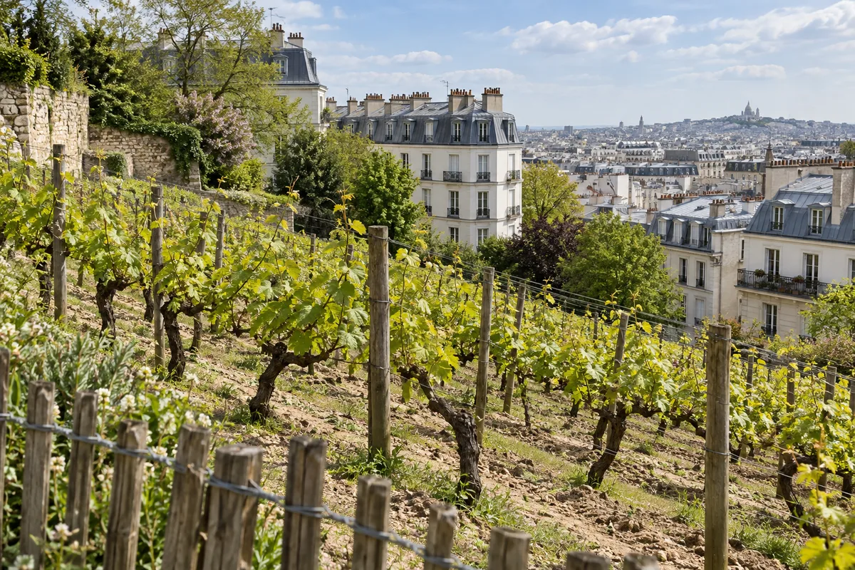 Rangs de vigne en pente aux jeunes feuilles vert tendre devant des immeubles parisiens