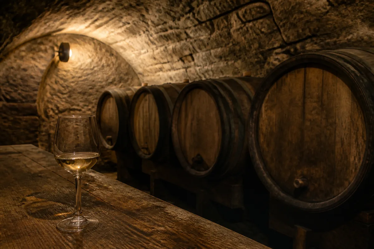 Petite cave voûtée en pierre avec quelques barriques alignées et un verre de vin blanc sur une table en bois