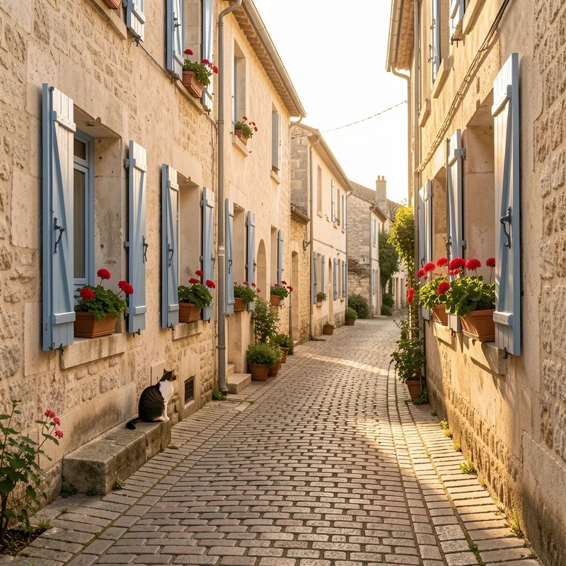 Ruelle pavée d’un village français au lever du jour, volets bleus et façades en pierre