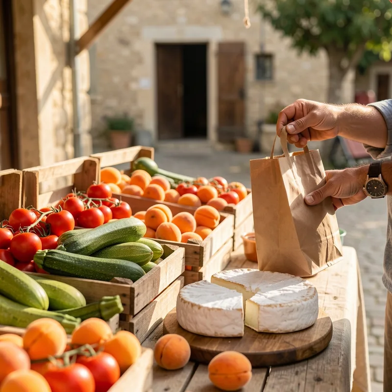 Étal de marché de village en matinée, cageots de légumes de saison et fromages fermiers