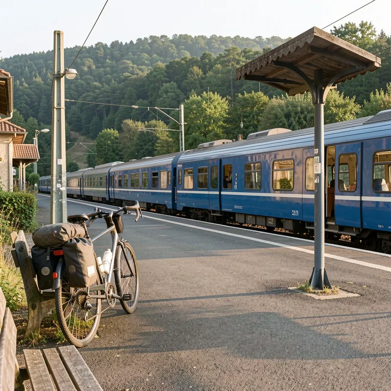 Quai d’une petite gare rurale française, vélo appuyé contre un banc et train régional à l’arrêt