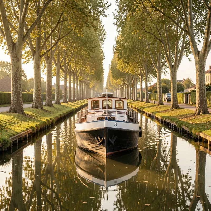 Péniche glissant lentement sur un canal bordé de platanes centenaires en fin d’après-midi